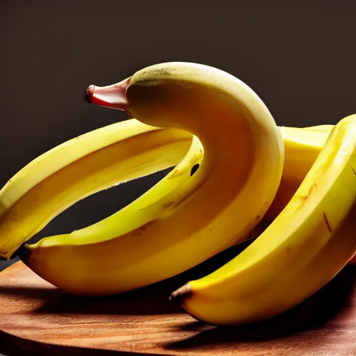 Prompt: Professional photograph of a peeled banana with small dot eyes and a duck beak