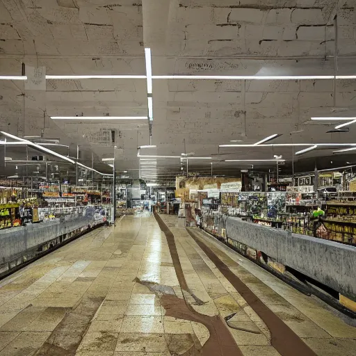 Image similar to a ransacked grocery store, broken signs, filthy flooring. Vines growing. Award-winning photo. OM system 12–40mm PRO II 40mm, 1/100 sec, f/2 8, ISO 800