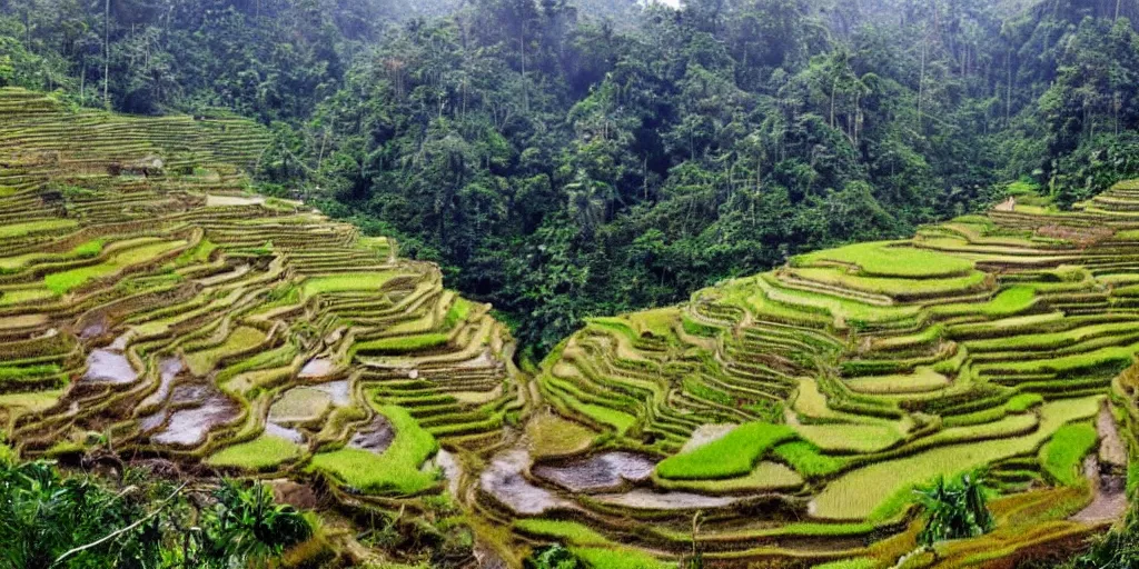 Prompt: a photo of ifugao rice terraces in the Philippines snowing and everything is covered with snow, winter wonderland, tropical snow, bad cold weather