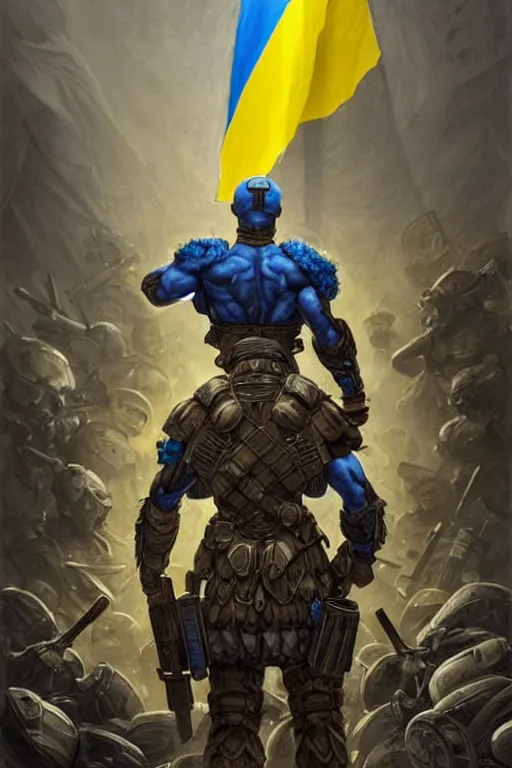 Prompt: a distant shot from behind of a Ukrainian super soldier with blue and yellow flag behind him standing alone on a huge pile of skulls as a winner, masculine muscular figure, D&D, fantasy, intricate, elegant, highly detailed, extremely detailed, digital painting, artstation, concept art, matte, smooth, sharp focus, illustration, art by Artgerm and Greg Rutkowski and Alphonse Mucha