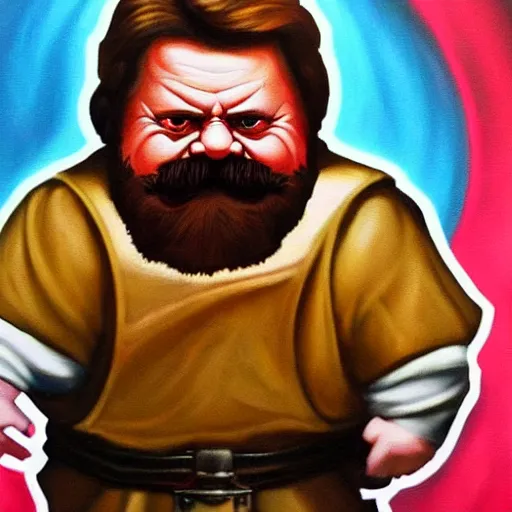 Image similar to a hyperrealistic painting of a saintly dwarven cleric that looks like ron swanson looking stoicly to the right, golden hour, iconography, cyberpunk