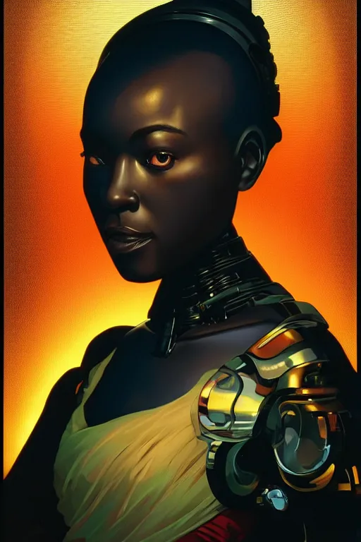 Prompt: close up portrait of an african robot, dramatic rim lighting, golden hour, autochrome, high contrast, highly detailed, sharp focus, digital painting, concept art, illustration, trending on cgsociety, art by greg rutkowski and greg hildebrandt and thu berchs jung park, composition by alphonse mucha, lighting by steven stahlberg,