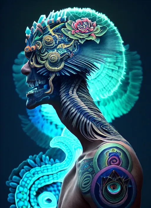 Image similar to 3 d shaman with tattoos profile portrait, sigma 5 0 0 mm f / 5. beautiful intricate highly detailed quetzalcoatl skull and feathers. bioluminescent, plasma, lava, ice, water, wind, creature, thunderstorm! artwork by tooth wu and wlop and beeple and greg rutkowski, 8 k trending on artstation,