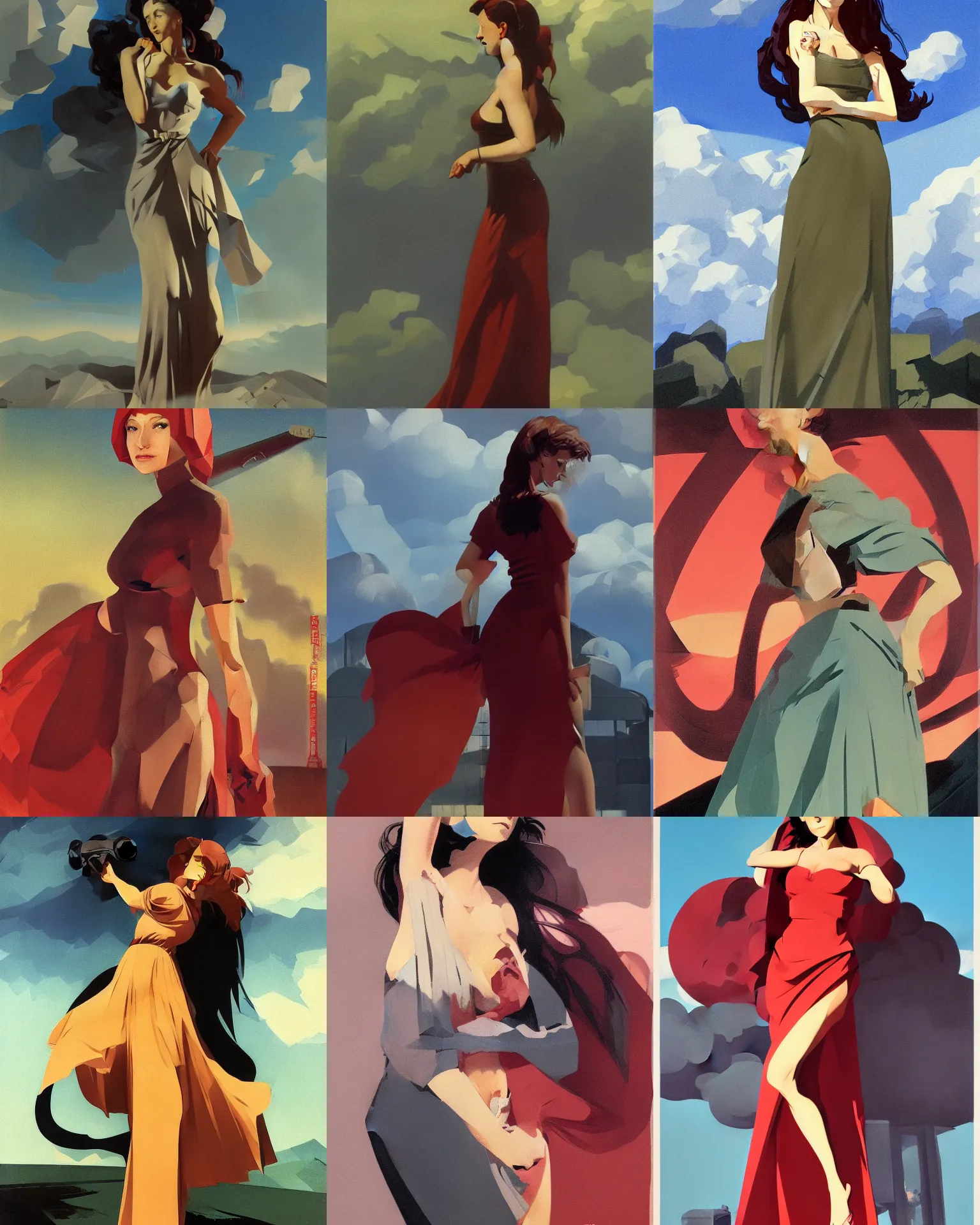 Image similar to woman portrait, female figure in maxi dress, sky, thunder clouds modernism, low poly, low poly, low poly, industrial, soviet painting, social realism, barocco, Frank Frazetta, Dean Ellis, Detmold Charles Maurice, 1993 anime,