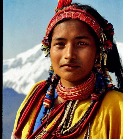 Image similar to vintage_portrait_photo_of_a_stunningly beautiful_nepalese_maiden in the himalayan mountains by Annie Leibovitz