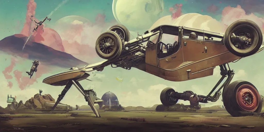 Image similar to 1920's hotrod featured in no mans sky concept art, highly detailed, soft colors, art by by Charlie Bowater, by Mark Brooks