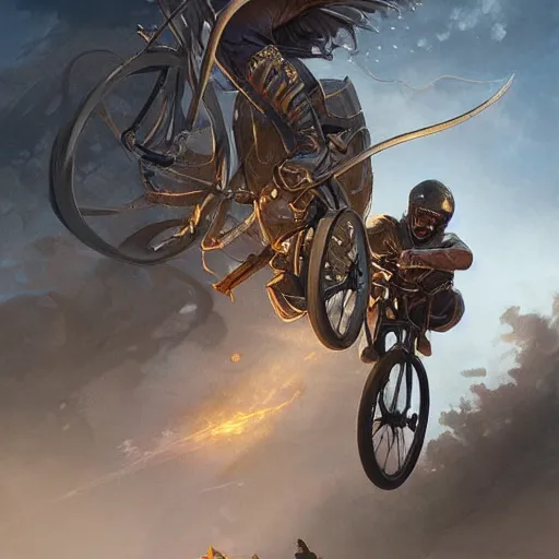 Prompt: A radical BMX jump D&D, fantasy, intricate, elegant, highly detailed, digital painting, artstation, concept art, matte, sharp focus, illustration, art by Artgerm and Greg Rutkowski and Alphonse Mucha