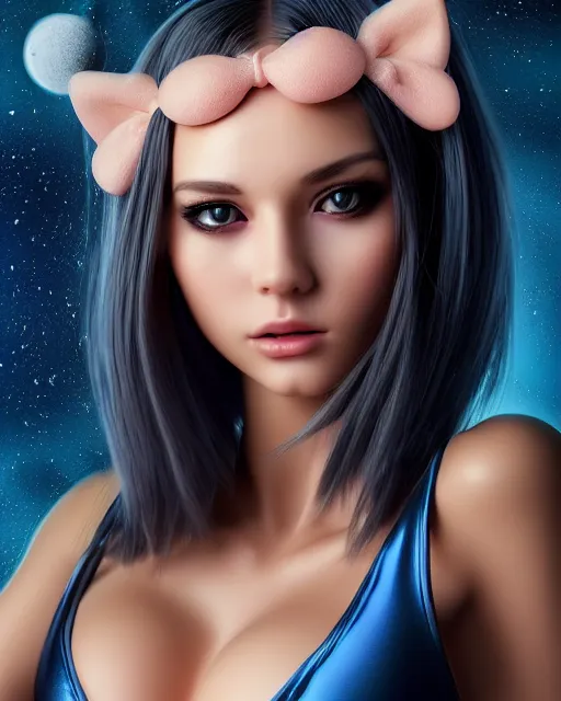 Image similar to a kitten on a rocket, photo, ultra detail, photoreal, professionally retouched, soft moonlight lighting, shiny plastic bikini, realistic, smooth face, goddess, luscious lips, perfect eyes, wide angle, sharp focus on eyes, 8 k high definition, insanely detailed, intricate, elegant, art by artgerm and wlop