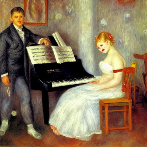 Image similar to girl with curly blonde hair sits at a piano in a music room, white pitbull lays on the floor, painting by renoir