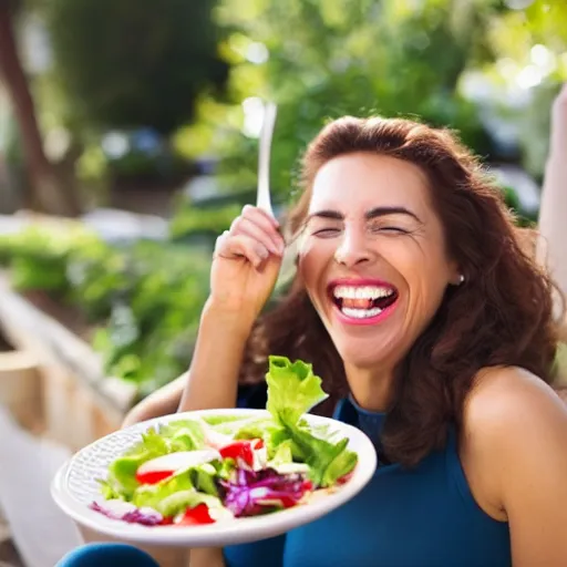 Prompt: a stock image of a lady laughing while eating salad, professional detailed photo