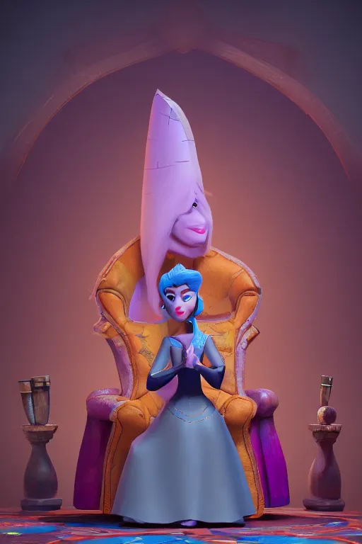 Image similar to An evil sorceress scheming on her throne | stylised | short and stocky broad body| big nose | art style of disney pixar movie | HD 8k | rendered by octane