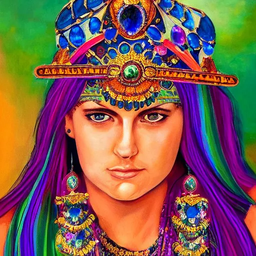 Image similar to a teenage Mädchen Amick as Goddess of gems looking at you intensely with seductively serious eyes while wearing a head covering. ultra detailed painting at 16K resolution and epic visuals. epically surreally beautiful image. amazing effect, image looks crazily crisp as far as it's visual fidelity goes, absolutely outstanding. vivid clarity. ultra. iridescent. mind-breaking. mega-beautiful pencil shadowing. beautiful face. Ultra High Definition.