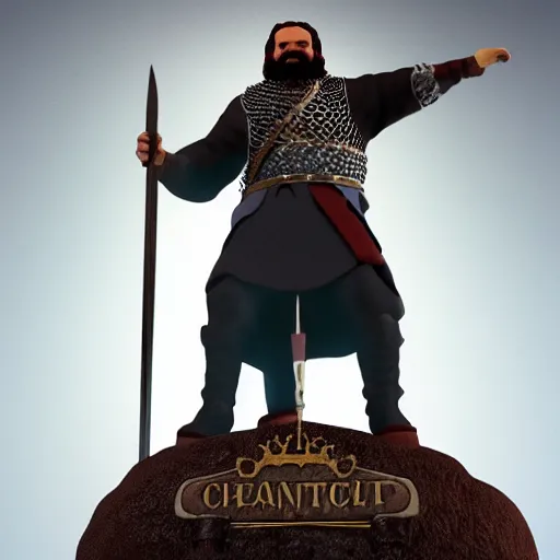 Image similar to bud spencer as king arthur, with crown and chainmail, camelot in the background, studio lightning, volumetric lightning, composition, full body