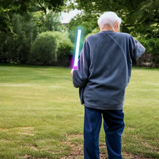 Prompt: elderly man with lightsaber, nursing home, canon eos r 3, f / 1. 4, iso 2 0 0, 1 / 1 6 0 s, 8 k, raw, unedited, symmetrical balance, wide angle