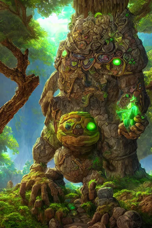 Image similar to zelda fantasy art giant golem troll wood rock greeble gemstone enchanted forest, global illumination ray tracing hdr fanart arstation by sung choi and eric pfeiffer and gabriel garza and casper konefal bastion forged hardmesh lisa frank zbrush central radiating a glowing aura global illumination ray tracing hdr