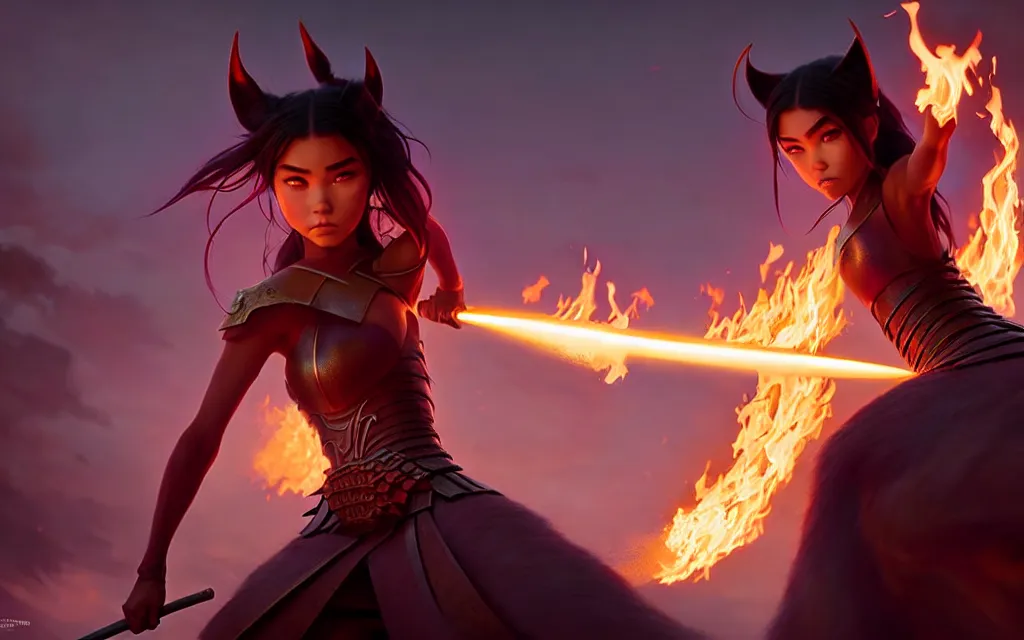 Image similar to weta disney pixar epic movie shot of madison beer : : as samurai warrior catgirl by pixar : : flames : : by weta, greg rutkowski, wlop, ilya kuvshinov, rossdraws, artgerm, marvel, unreal engine, pearlescent, bright morning, anime