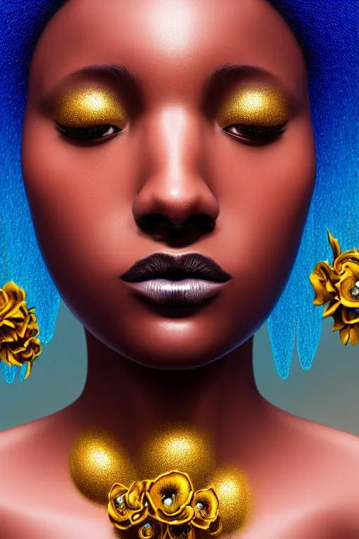 Prompt: hyperrealistic precisionist cinematic profile very expressive! black oshun goddess, in water! up to shoulders, mirror dripping droplet!, gold flowers, highly detailed face, digital art masterpiece, smooth eric zener cam de leon, dramatic pearlescent turquoise light on one side, close - up low angle uhd 8 k, tilt shift
