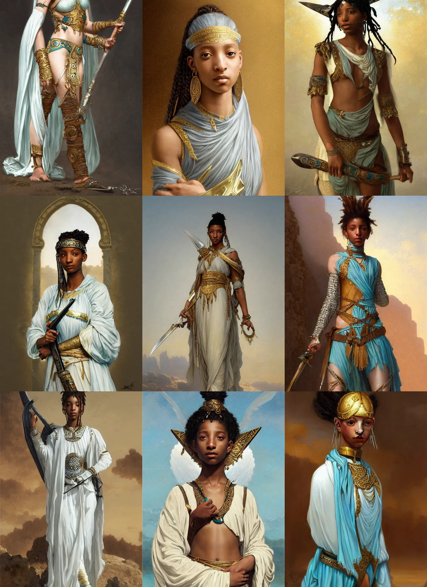 Prompt: willow smith as ancient libyan female warrior, white and teal garment, gold jewelry, intricate, elegant, highly detailed, digital painting, artstation, concept art, smooth, sharp focus, illustration, orientalism, edwin long, bouguereau, rutkowski