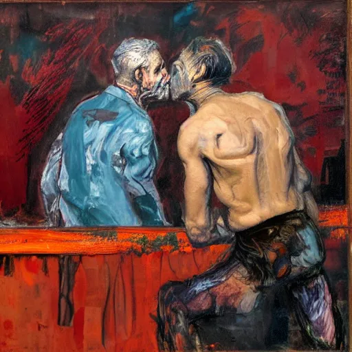 Image similar to high quality high detail expressionist painting of two men at a bar by nicola samori and lucian freud and jenny saville and norman rockwell and francis bacon and edvard munch, hd, anxiety, turquoise and purple and orange and pink