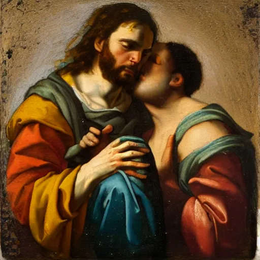 Prompt: 1 8 th oil panting of a jesus making love with maria maddalena