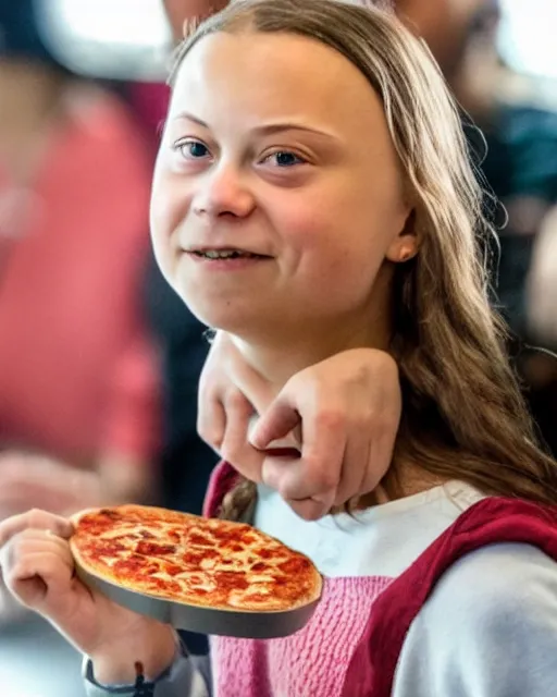 Prompt: film still close - up shot of greta thunberg giving a speech in a crowded train station eating pizza, smiling, the sun is shining. photographic, photography