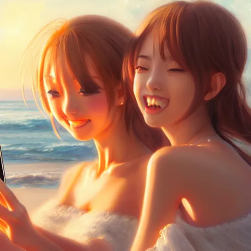 Image similar to beautiful serene intricate very detailed portrait of two anime girls taking a selfie in real life, smiling softly, relaxing on the beach, golden hour, soft focus, 8 k, art by irakli nadar, hyperrealism, hyperdetailed, ultra realistic