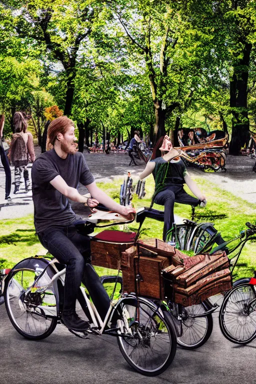 Prompt: potrait of band playing in the park with christiania cargobike. Summer. High definition, Cinematography, mega scans, cinematic, hyper realistic, photo realistic, cinematic composition, highly detailed, vray, 8k render