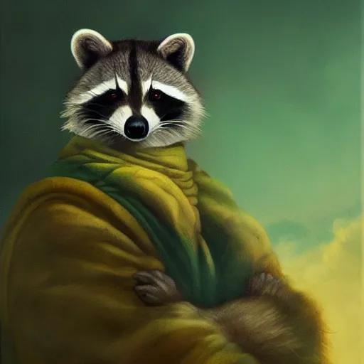 Prompt: Racoon king of the mountains, gold and green, portrait, by Anato Finnstark, Tom Bagshaw, Brom