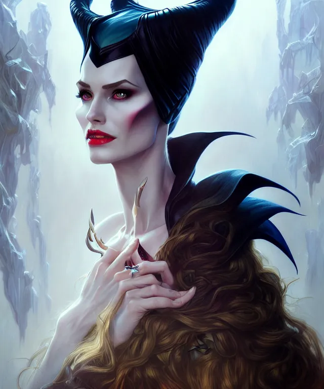 Image similar to maleficent, amber eyes, face, long hair, fantasy, intricate, elegant, highly detailed, digital painting, artstation, concept art, smooth, sharp focus, illustration, art by artgerm and greg rutkowski and alphonse mucha