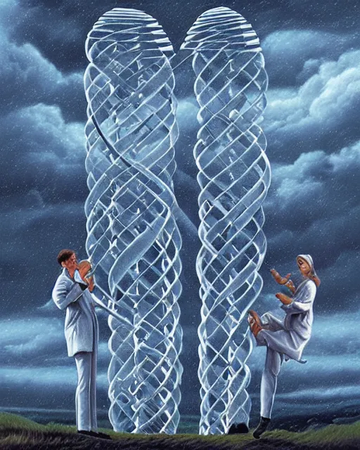 Image similar to in a field, two scientists in lab coats encounter a monster shaped like the DNA double helix, stormy weather, by Rob Gonsalves