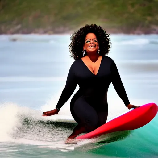 Image similar to oprah winfrey surfing in the ocean, photograph portrait, 4 k high definition photography