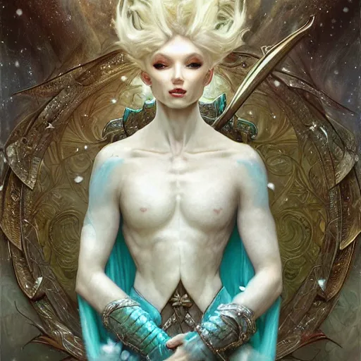 Image similar to an epic concept art of a handsome androgynous snow elf with a bow in a turquoise cape and silver armour, albino skin, winter vibes, elegant, very coherent symmetrical artwork, by tomasz alen kopera and alphonse mucha, sharp focus, octane render, unreal 5, trending on artstation