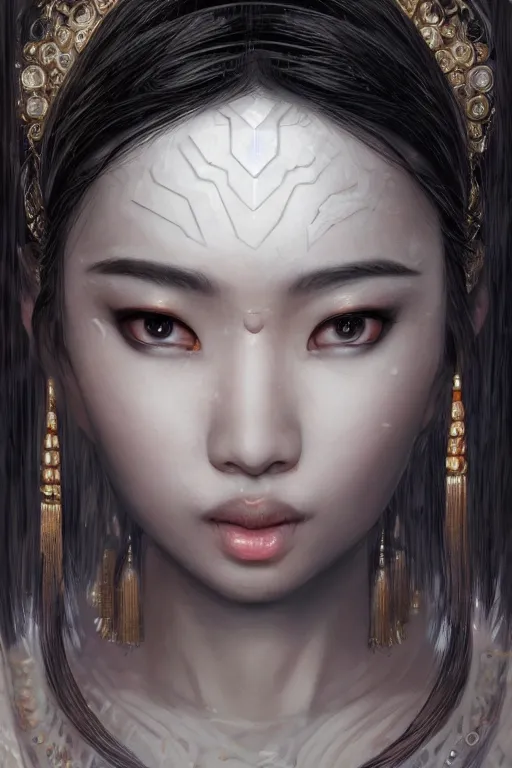 Prompt: a portrait of an asian goddess, detailed, realistic eyes, symmetry features proportions, intricate facial details, cybertech wear, award winning, trending in cgsociety artstation deviant art