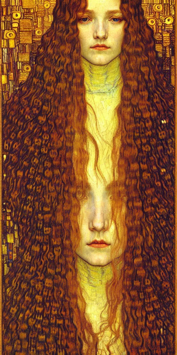 Image similar to detailed realistic beautiful young medieval queen face portrait by jean delville, gustav klimt and vincent van gogh, art nouveau, symbolist, visionary, gothic, pre - raphaelite, muted earthy colors, desaturated