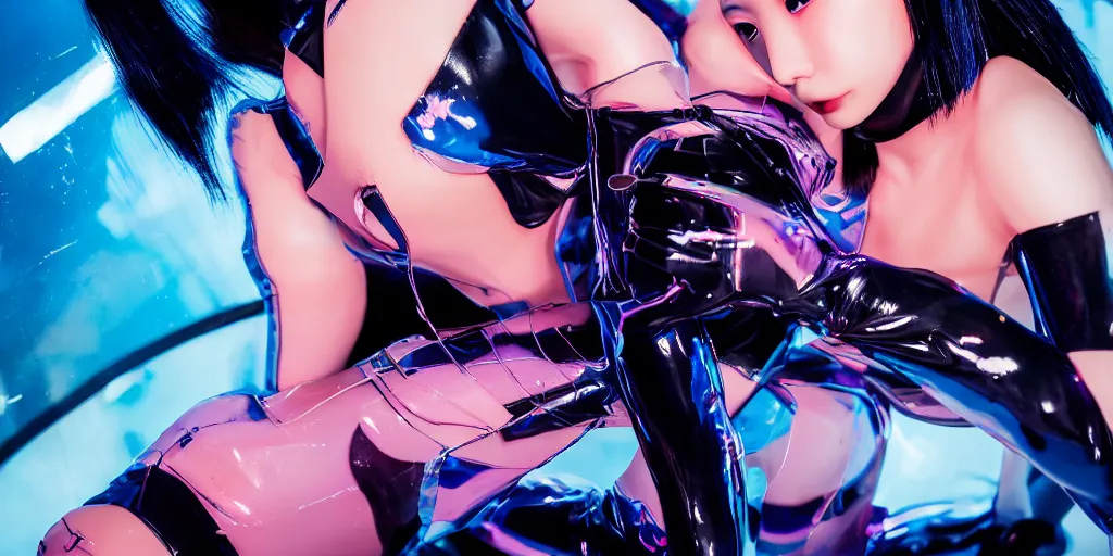Image similar to a close - up risograph long shot of cyberpunk japanese model girl with black eyes and pretty face wearing latex catsuit and lots of transparent and cellophane accessories, blue hour, twilight, cool, portrait, kodachrome, iso 1 2 0 0,