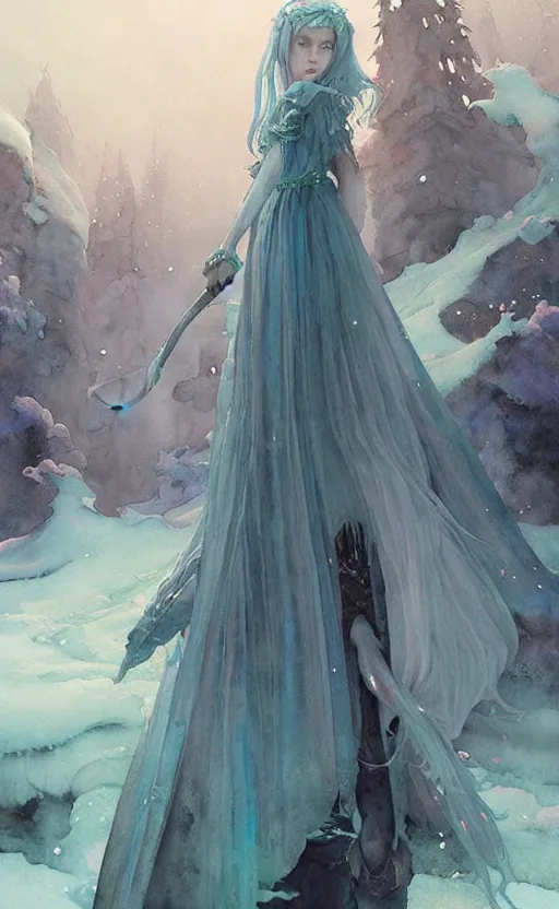 Prompt: elf ice witch princess dress. intricate, amazing composition, colorful watercolor, by ruan jia, by maxfield parrish, by marc simonetti, by hikari shimoda, by robert hubert, by zhang kechun, illustration, gloomy, volumetric lighting, fantasy