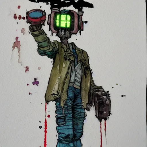 Image similar to watercolor of a cyberpunk mechanic in the style of Ashley Wood and Moebius