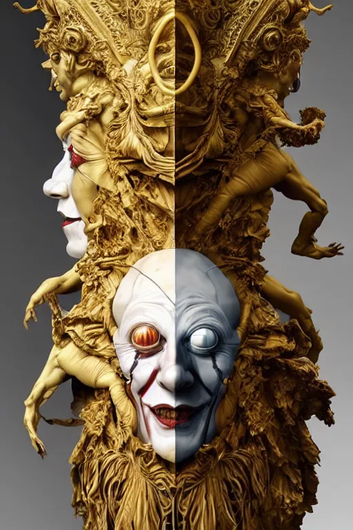 Image similar to Epic view of intricate stained Clown looking backwards using a golden veil statue sculpted on white marble by Antonio Corradini, Wayne Barlowe and Artem Demura