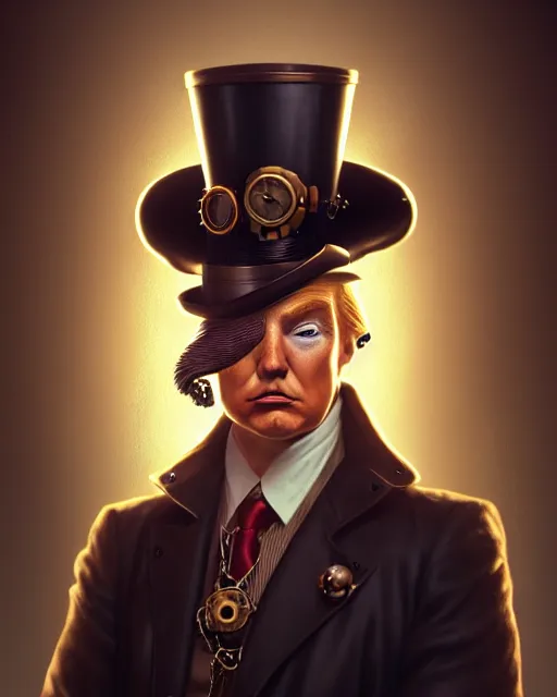 Image similar to steampunk donald trump portrait, handsome, steampunk hat, detective coat, steampunk monocle, complex 3 d render by ilya kuvshinov, peter mohrbacher, greg rutkowski, ryohei hase, dramatic lighting, intricate, highly detailed, sharp focus, luminous, unreal engine, blender, artstation, masterpiece, ray tracing