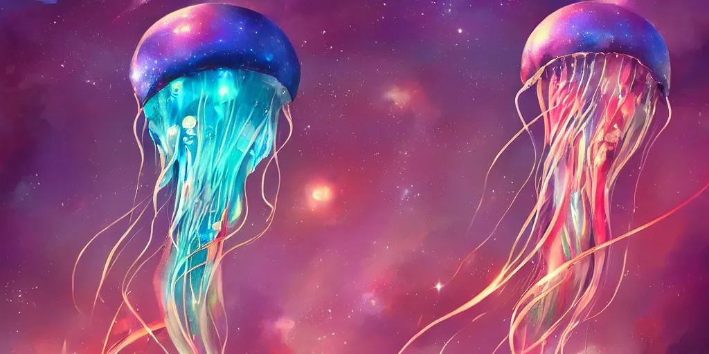 Image similar to Beautiful colored jellyfish in space, gorgeous, amazing, elegant, intricate, highly detailed, digital painting, artstation, concept art, sharp focus, illustration, art by Ross tran