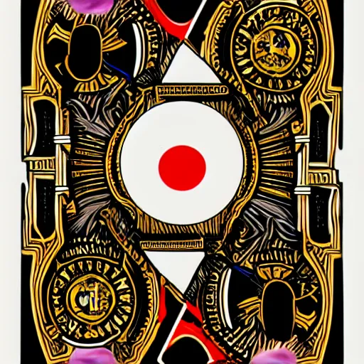 Image similar to one playing card with symbols and sceneries by peter klasen, artstation