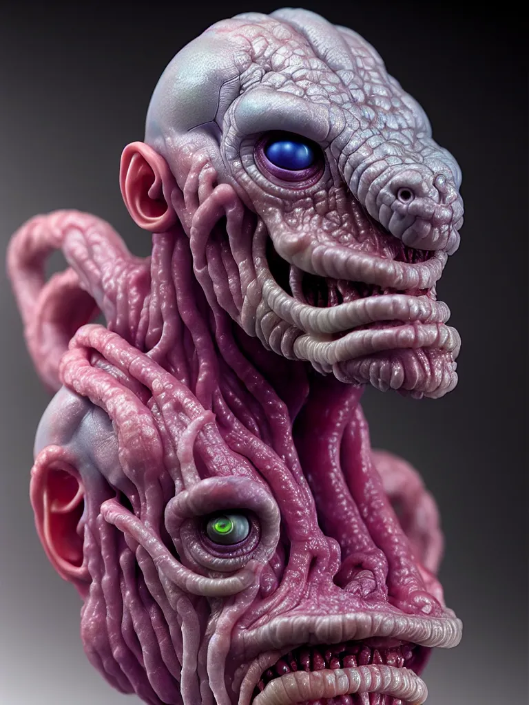 Image similar to hyperrealistic rendering, fat smooth cronenberg flesh monster transparent grey alien by donato giancola and greg rutkowski and wayne barlow and zdzisław beksinski, product photography, action figure, sofubi, studio lighting, colored gels, colored background