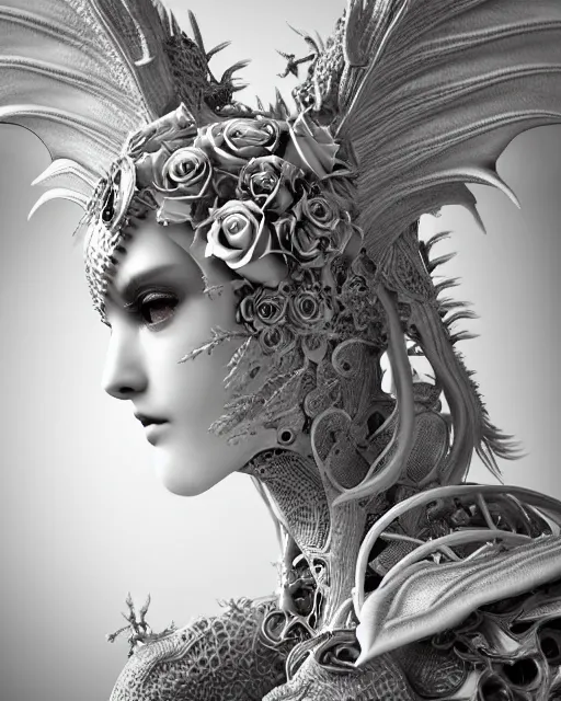 Prompt: bw dreamy close - up profile face, beautiful young porcelain intricate steampunk bio - mechanical vegetal - dragon - cyborg - female, white roses ornate metallic armour, white fluffy feathers, fine mandelbrot fractal lace, 1 5 0 mm, soft rim light, elegant, hyper real, ultra detailed, octane render, hg giger, 1 6 k