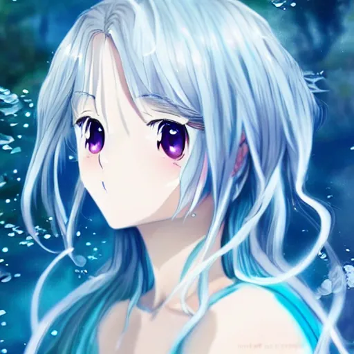 Image similar to a very beautiful anime girl wearing a dress made of water standing in a crystal lake , full body, long white hair with azure blue highlights blending into the dress , azure blue watery eyes, full round face, in a bath, seductive over the shoulder glances , lens flare, cinematic lighting, medium shot, mid-shot, highly realistically detailed, trending on pixiv , Unreal Engine 4k, Stanley Artgerm Lau, WLOP, Rossdraws, James Jean, Andrei Riabovitchev, Marc Simonetti, and Sakimichan