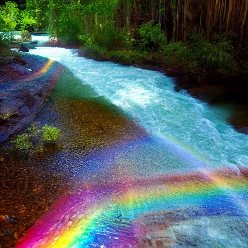 Prompt: rainbow river, rainbow river, rainbow river, volumetric lighting