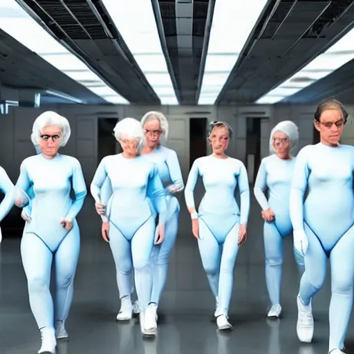 Image similar to troop of females of varying heights and body shapes in formation, white hair, tight light blue neopren suits, in rows, futuristic chemistry lab, sci - fi, highly detailed, cinematic