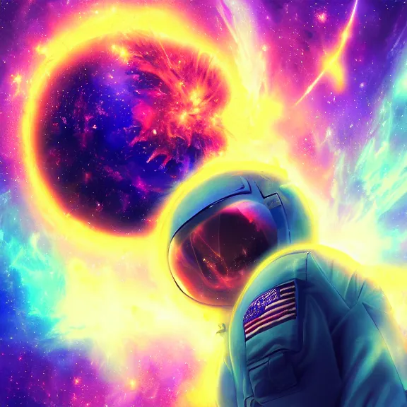 Image similar to scary astronaut in a nebula explosion, pastel, anime, colorful, crowded, horror, artstation, digital art.