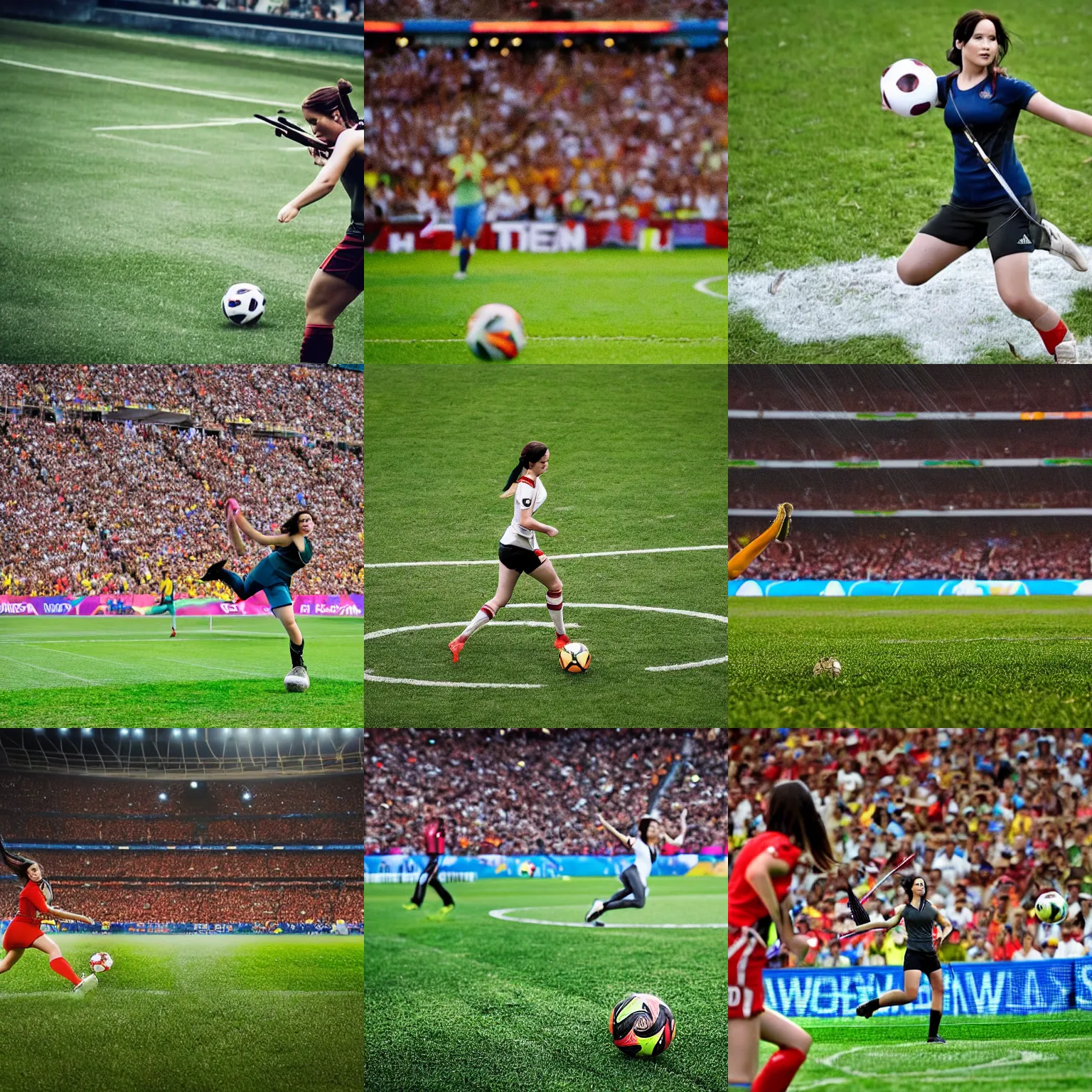 Prompt: Katniss Everdeen about to kick a ball into a goal, high shutter speed, sports photography, taken from behind, closeup, she fills the frame, at the World Cup