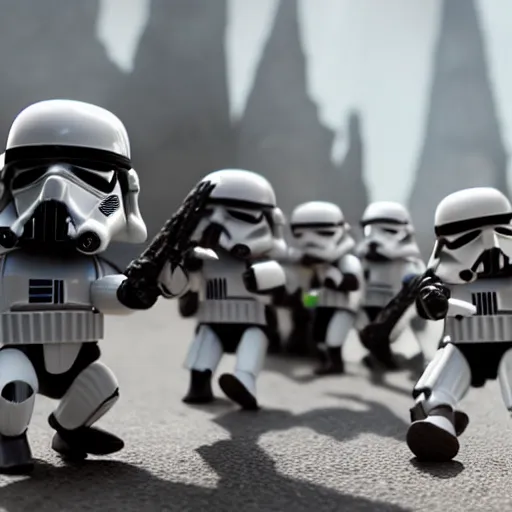 Prompt: A bunch of little Darth Vaders attacking a Star Wars stormtrooper, realism, depth of field, focus on darth vader,