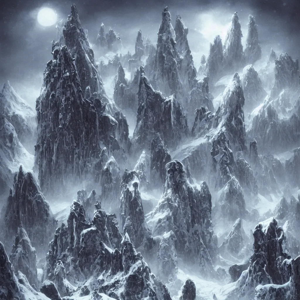 Image similar to deserted frozen stonepunk cityscape of cyclopean towers and cephalopod castles in the mountains of antarctica, upward cinematic angle, by p. craig russell, rodney matthews, frank frazetta and michael kaluta, fantasy art, snowy atmosphere, heavy winter aesthetics, stunning composition, alien faces, monstrous behemoth statues of animal gods, intricate, strange, elegant, digital art, hyperdetailed, colorful hyperrealism, brilliant photorealism, masterpiece, 8k